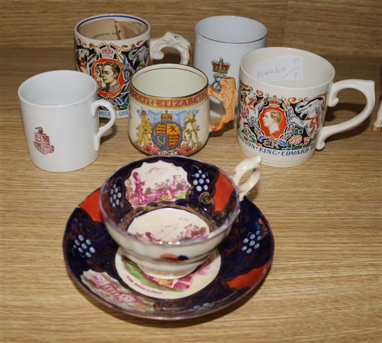 Three Dame Laura Knight commemorative mugs and a 19th century cup and saucer and mug